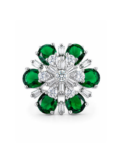 Silver Plated Green AD Floral Finger Ring for Women