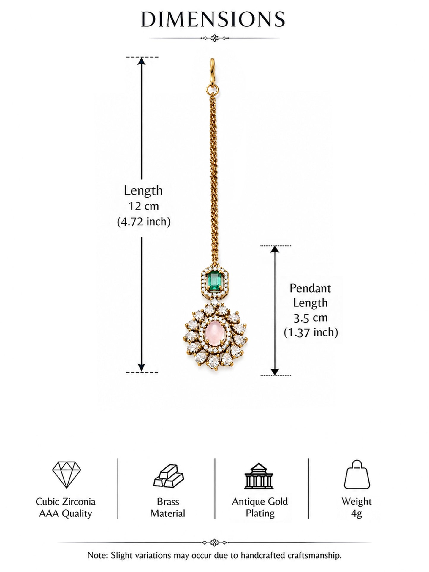 Antique Gold Plated Pink AD Maang Tikka for Women