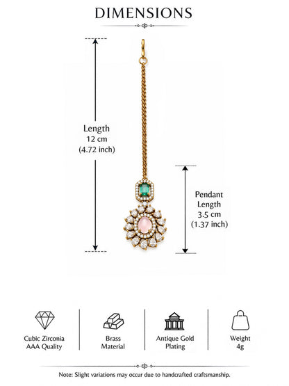 Antique Gold Plated Pink AD Maang Tikka for Women