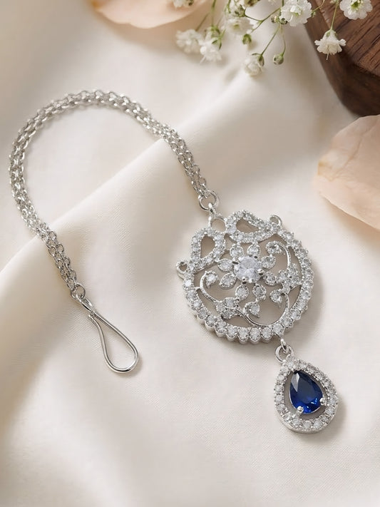 Silver Plated Blue AD Floral Maang Tikka for Women