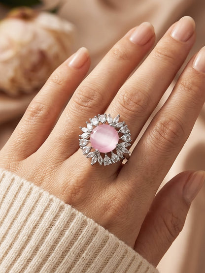 Silver Plated Pink AD Finger Ring for Women