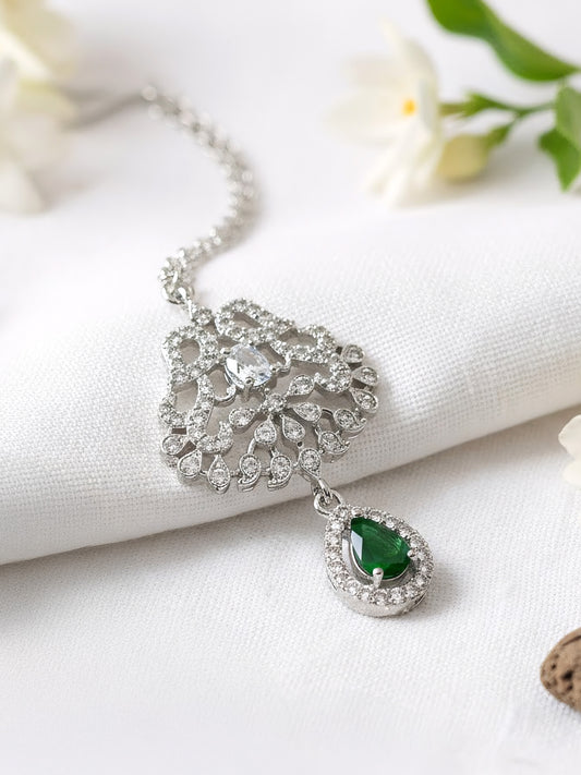 Silver Plated Green AD Maang Tikka for Women