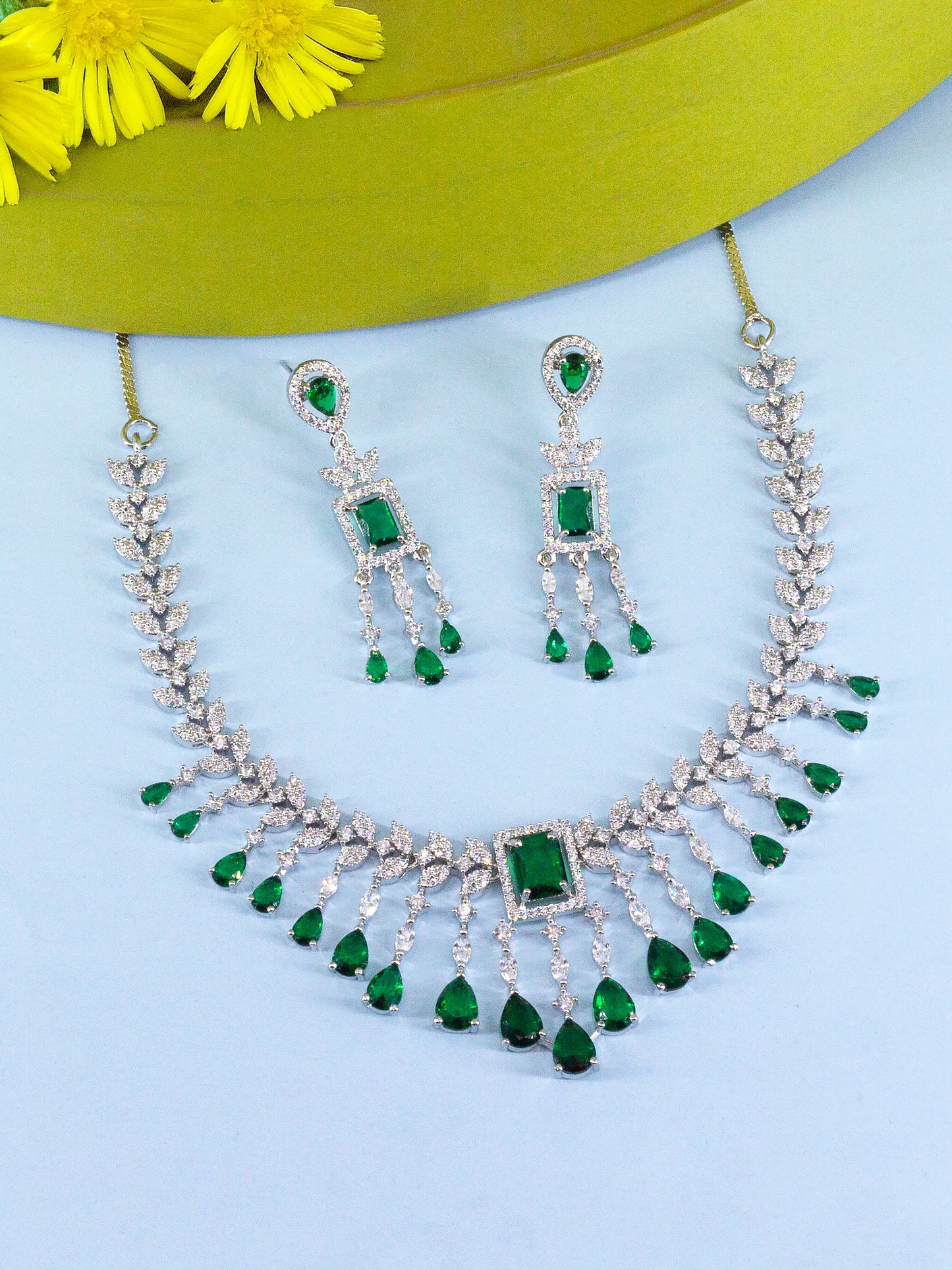 Silver Plated Green AD Studded Jewellery Set