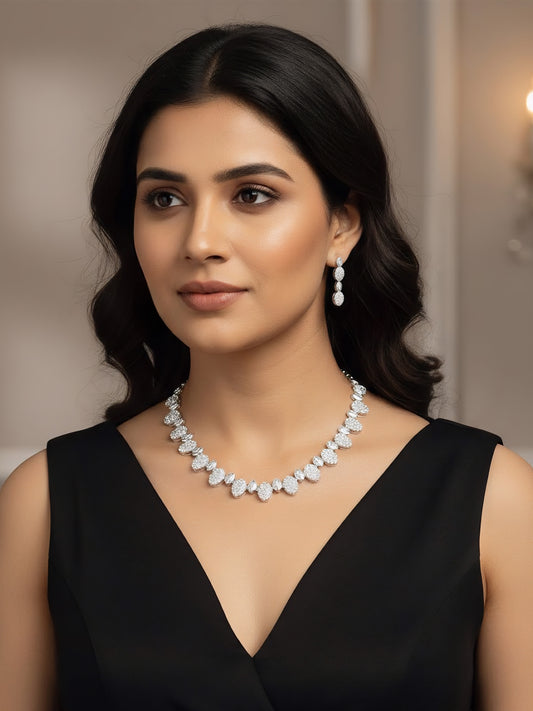Silver Plated White American Diamond Minimal Choker Set for Women