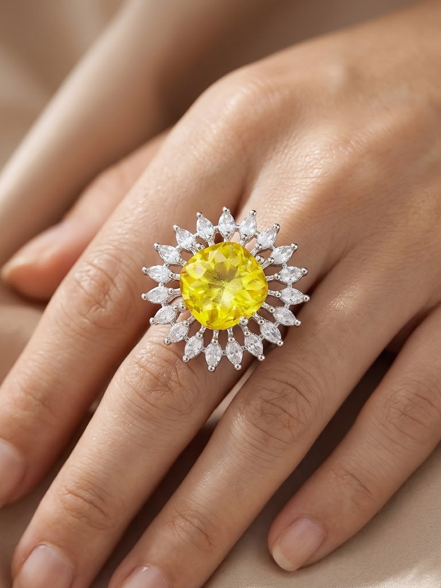 Silver Plated Yellow AD Finger Ring for Women