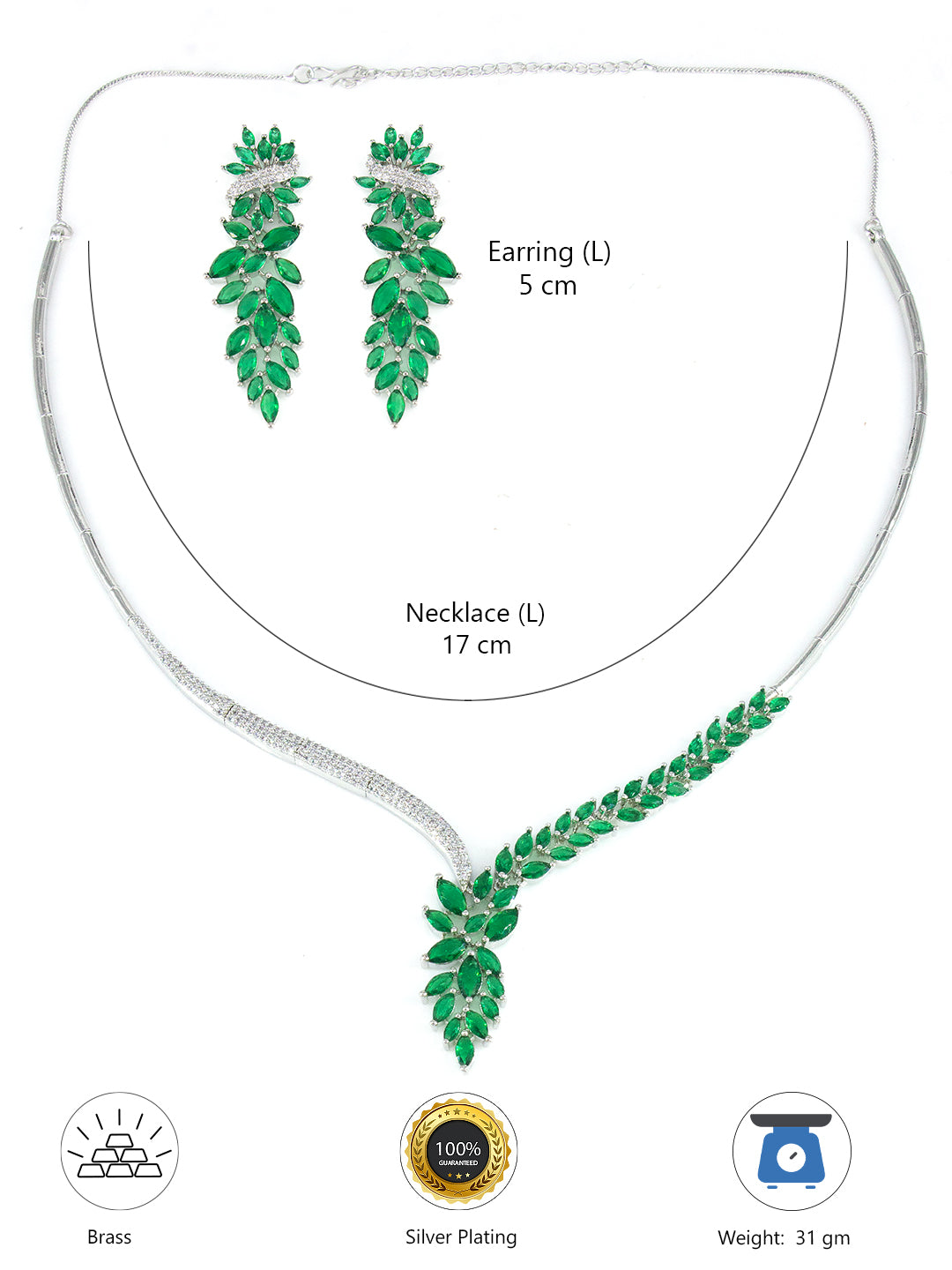 Silver Plated Green AD Designer Floral Sleek Jewellery Set