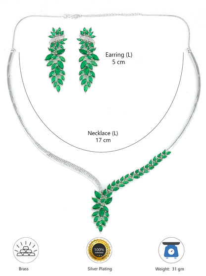 Silver Plated Green AD Designer Floral Sleek Jewellery Set
