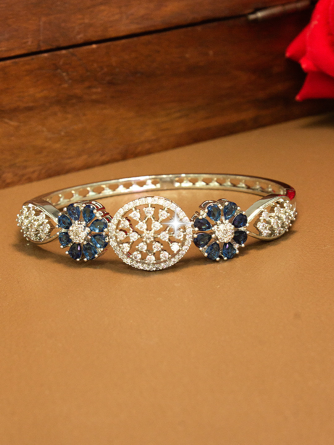 Silver Plated Blue AD Floral Cuff Bracelet For Women