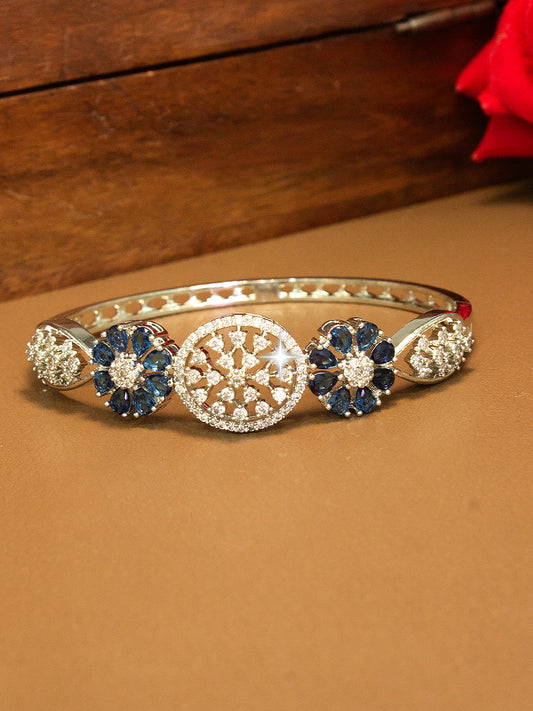 Silver Plated Blue AD Floral Cuff Bracelet For Women