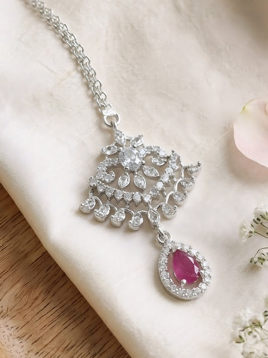 Silver Plated Red AD Maang Tikka for Women