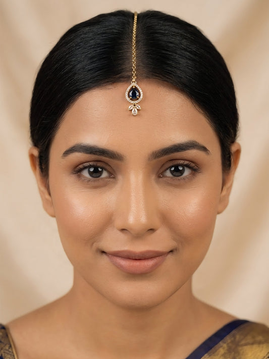 Gold Plated Blue AD Maang Tikka for Women