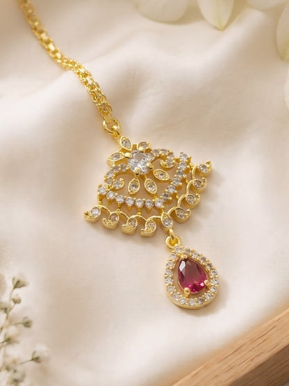 Gold Plated Red AD Maang Tikka for Women