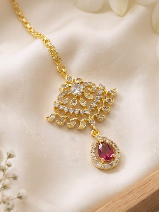 Gold Plated Red AD Maang Tikka for Women