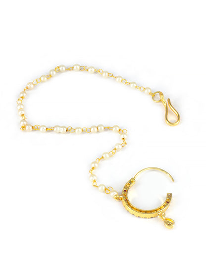 Gold Plated Red & White AD Nose Ring with Pearl Chain
