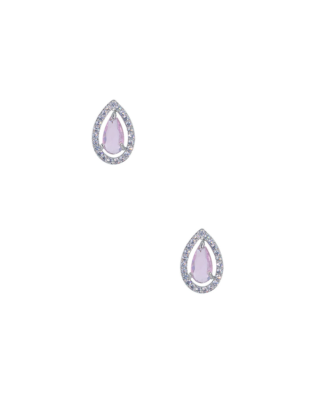 Rhodium Plated Pink Tear Drop American Diamond Pendant Set