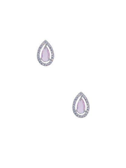 Rhodium Plated Pink Tear Drop American Diamond Pendant Set