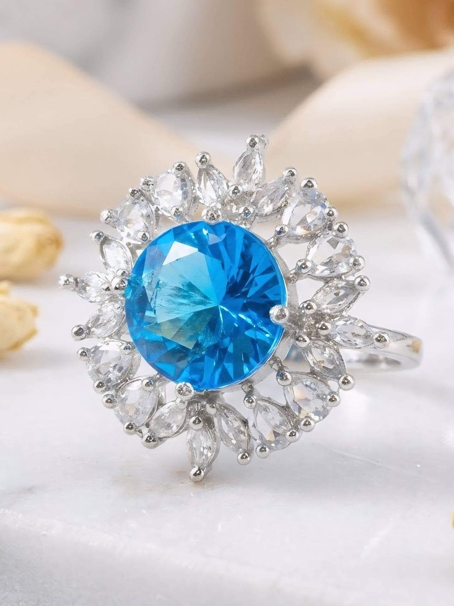 Silver Plated Aqua Blue AD Finger Ring for Women