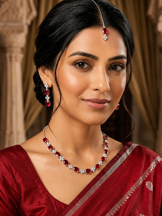 Silver Plated Red AD Jewellery Set for Women