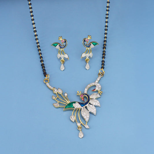 Gold Plated Peacock American Diamond & Black Beaded Trendy Mangalsutra With Earrings