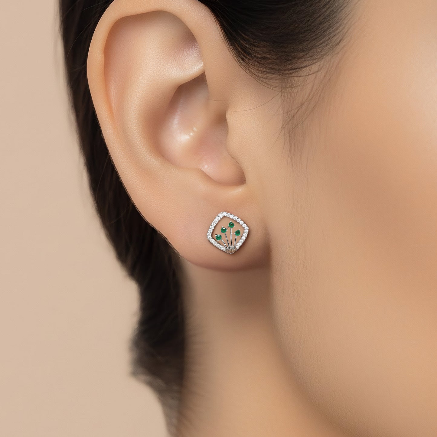 Silver Plated Green AD Studs For Women