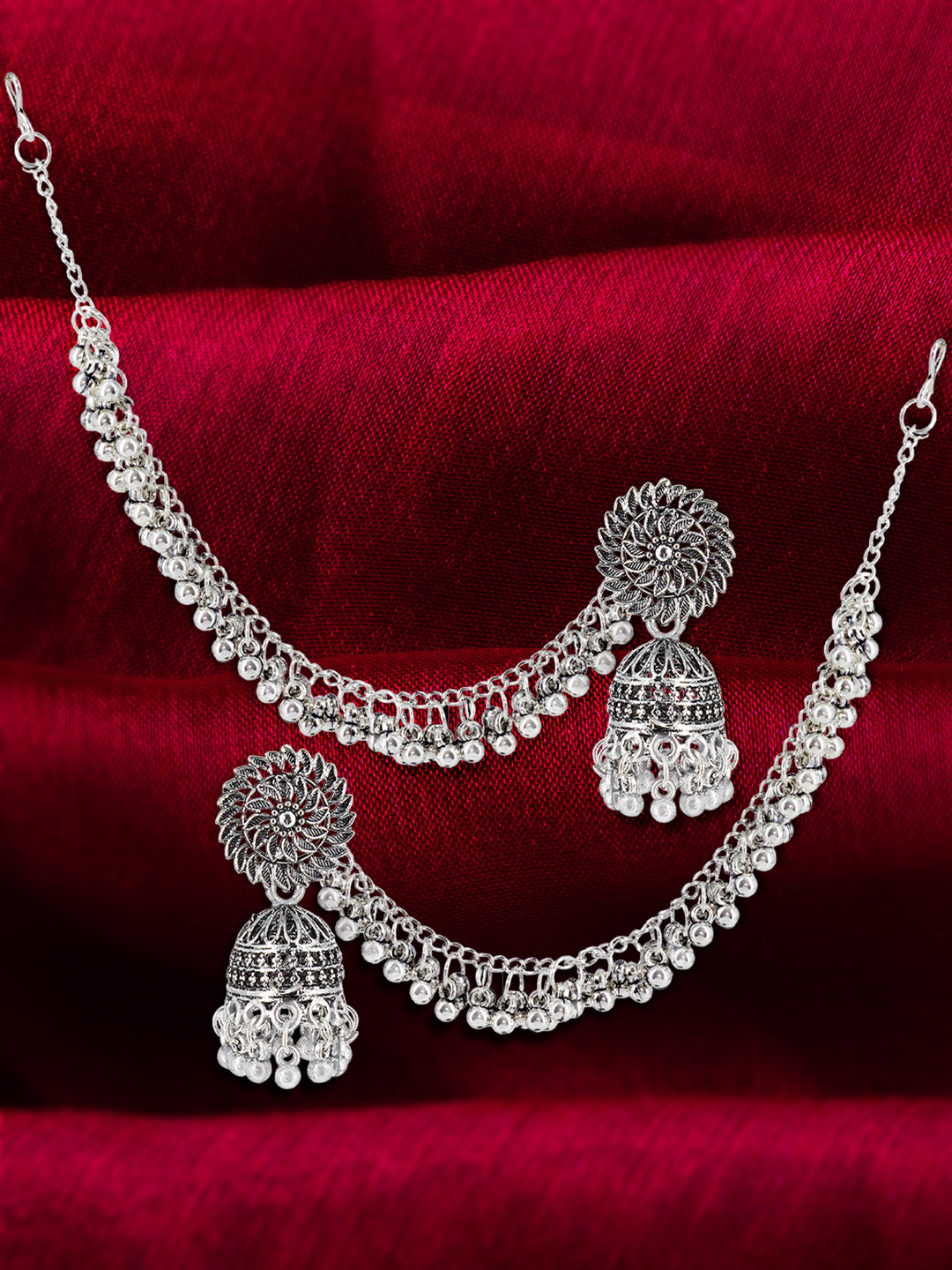 Silver-Oxidised Floral Jhumka Earrings With Ear Chain