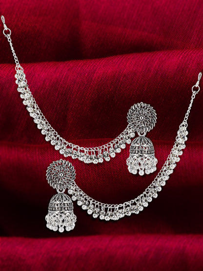 Silver-Oxidised Floral Jhumka Earrings With Ear Chain