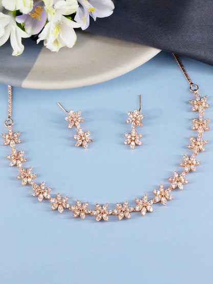 Rose Gold Plated American Diamond Floral Jewellery Set for Women