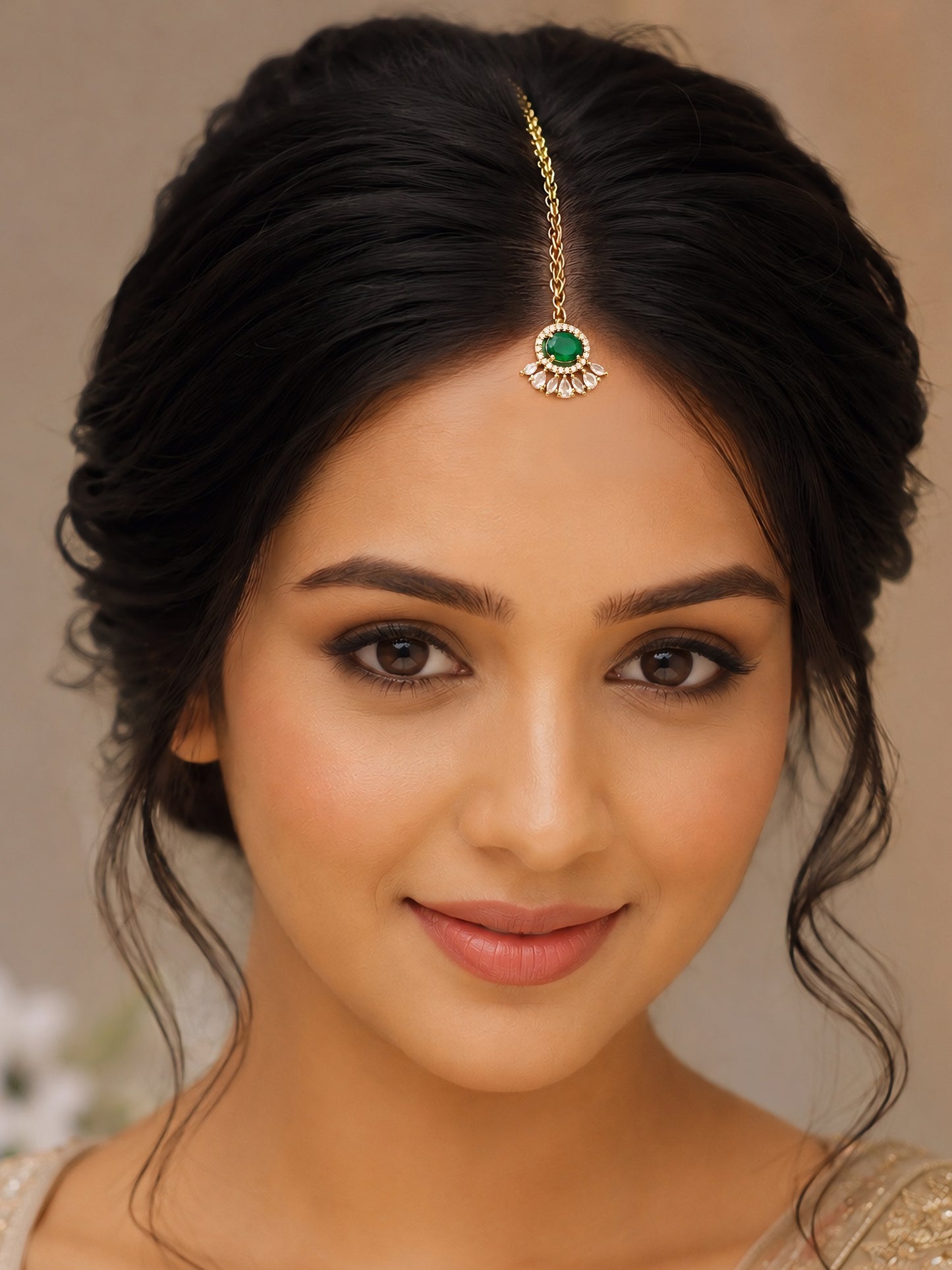 Gold Plated Green AD Maang Tikka for Women