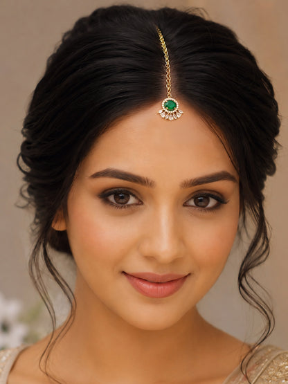 Gold Plated Green AD Maang Tikka for Women