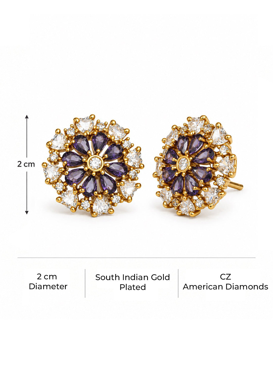 South Indian Gold Plated Purple AD Floral Stud Earrings for Women