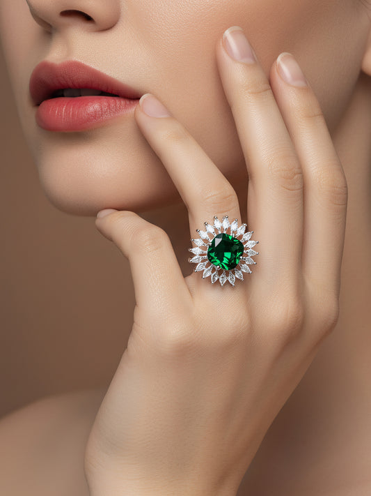 Rhodium Plated Green AD Finger Ring for Women