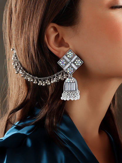 Silver Oxidised Rhinestone Studded Jhumka Earrings With Ear chain