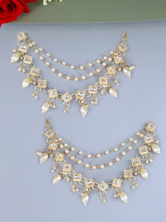 Gold-plated 3-Layered Square Kundan-Studded & Faux-Pearl Drop Ear Chain