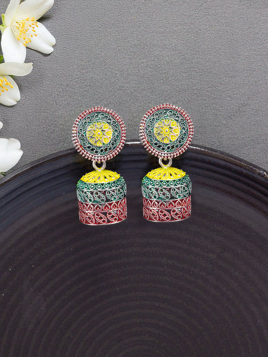 Gold Plated Circular Multi Color Artificial Beaded Jhumki Earrings