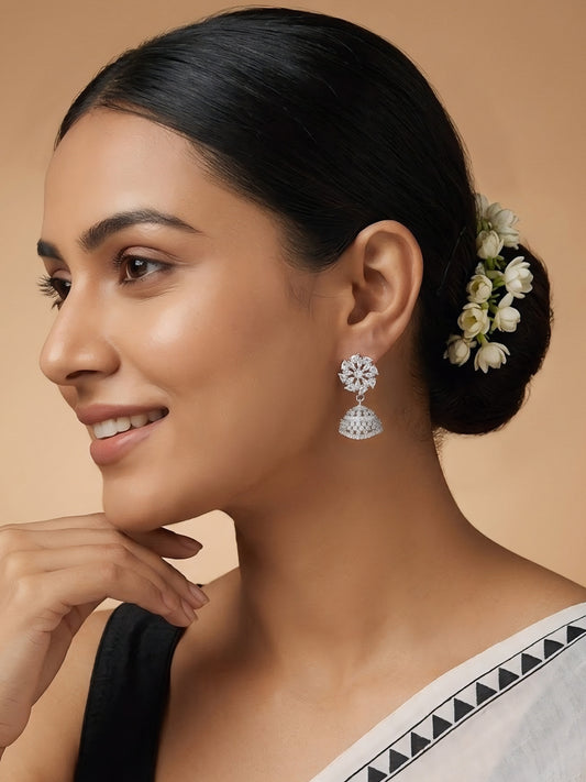 Silver Plated American Diamond Floral Diamond Jhumka Earrings for Women