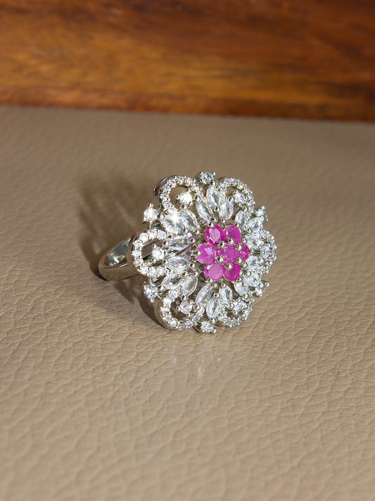 Silver-Plated AD Ruby Cocktail Adjustable Finger Ring