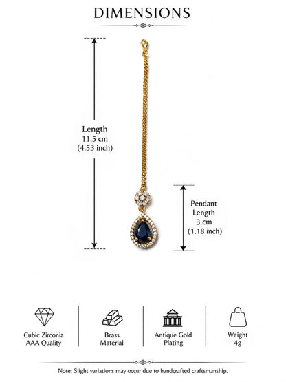 Antique Gold Plated Blue AD Maang Tikka for Women