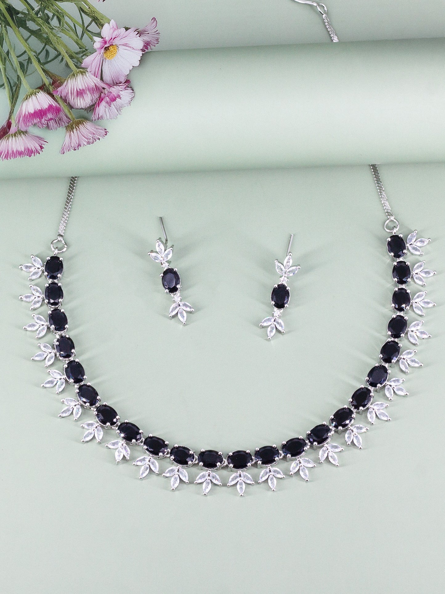 Silver Plated Black AD Jewellery Set for Women