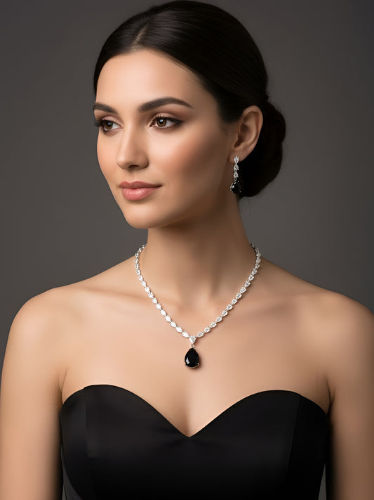 Silver Plated Black & White AD Jewellery Set