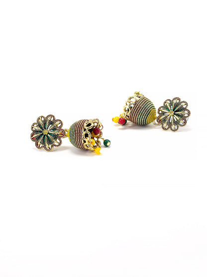 Gold Plated Floral Multi Color Artificial Beaded Jhumki Earrings