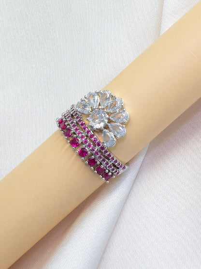 Silver-Plated American-Diamond Designer Floral Adjustable Finger Ring