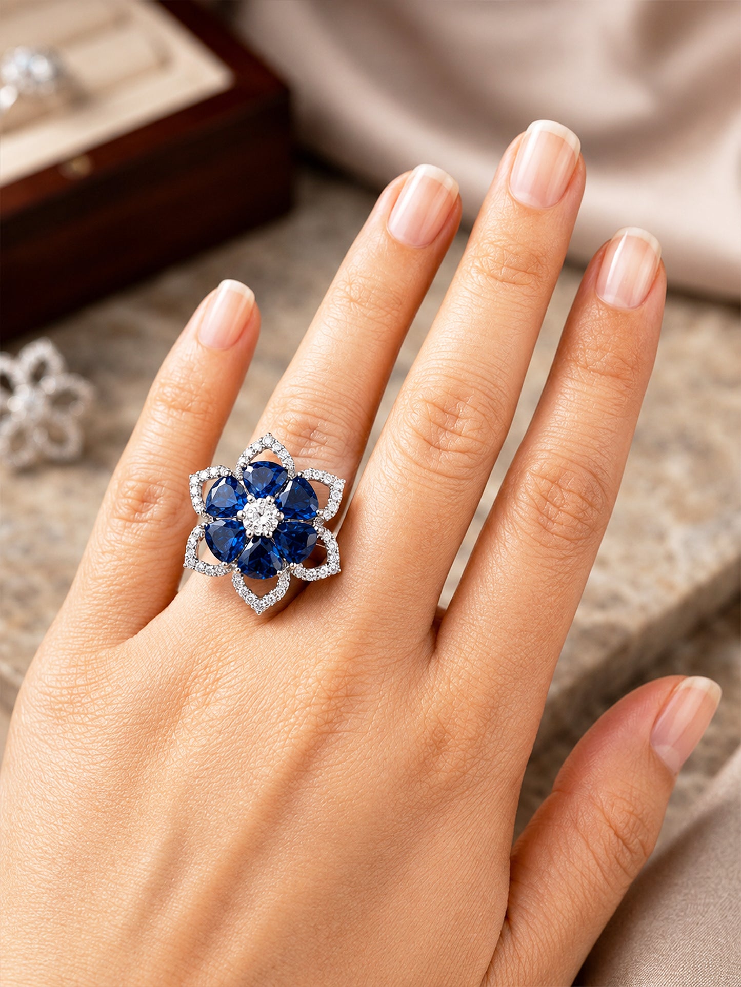 Rhodium Plated Blue AD Floral Finger Ring for Women