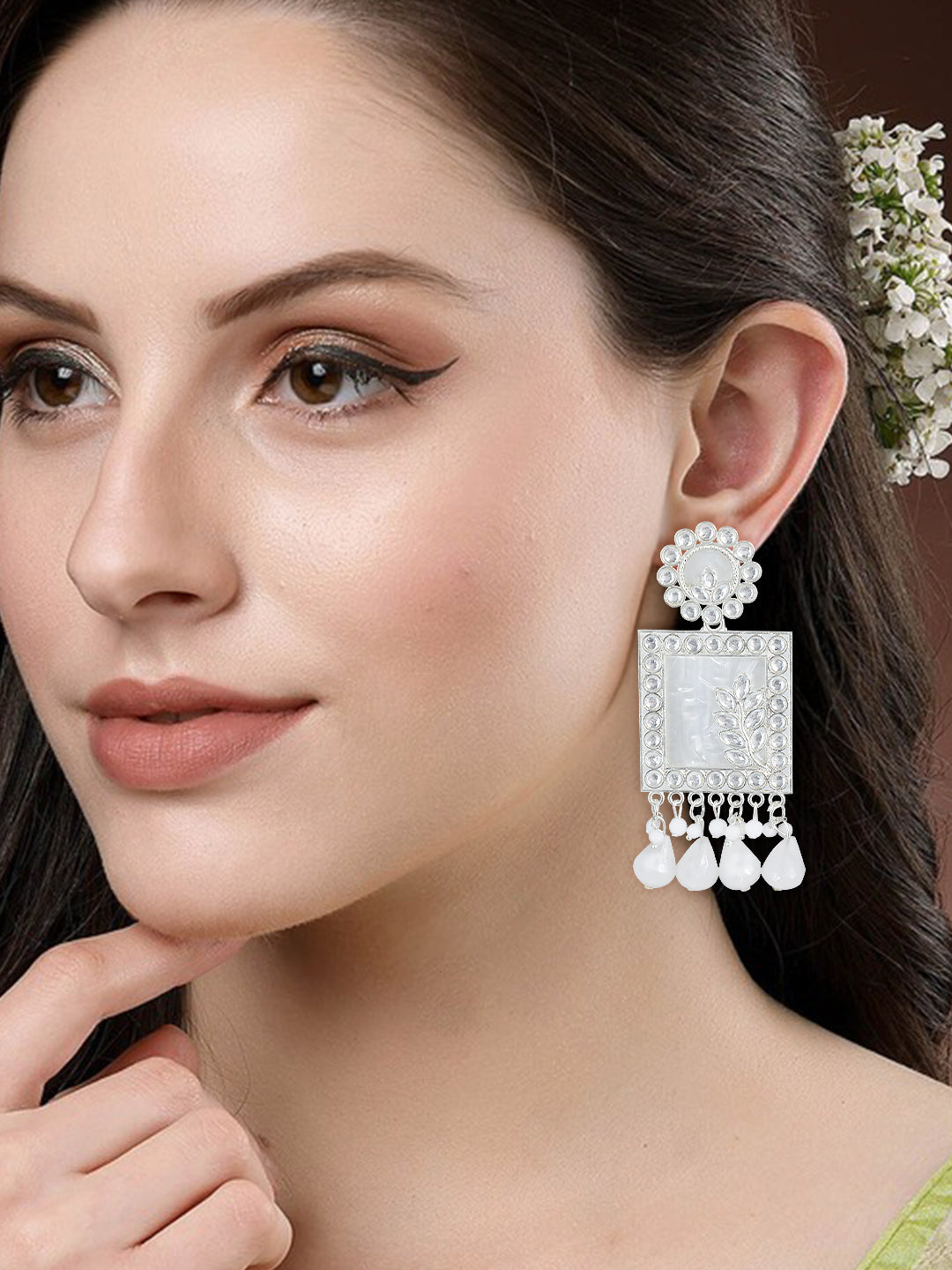 Floral Marble Finish Drop Earrings