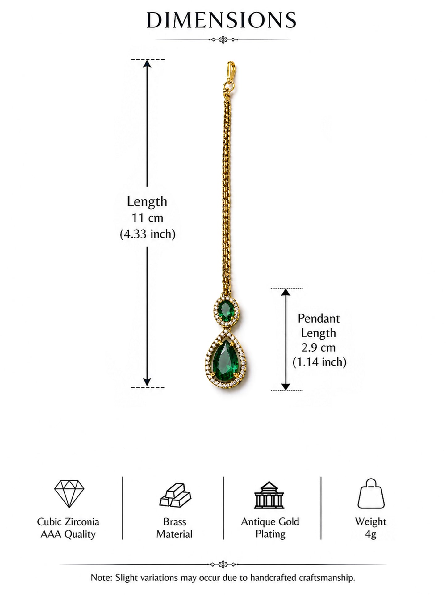 Antique Gold Plated Green AD Maang Tikka for Women