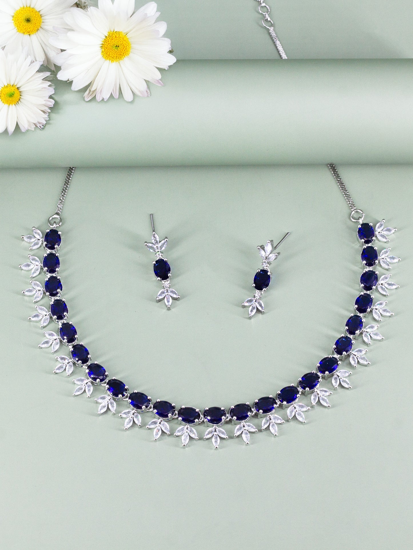 Rhodium Plated Blue AD Jewellery Set for Women