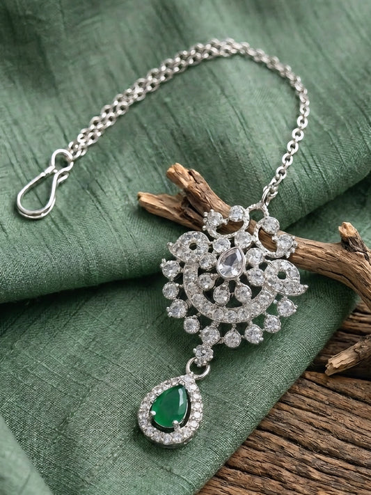 Silver Plated Green AD Maang Tikka for Women