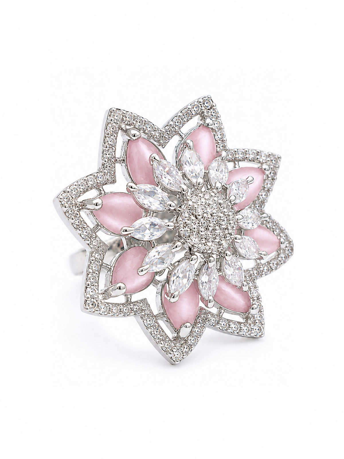 Silver Plated Pink AD Floral Finger Ring for Women