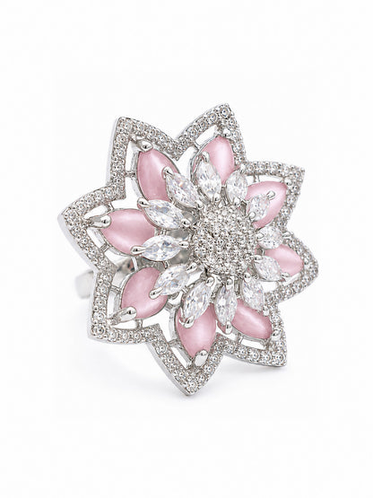 Silver Plated Pink AD Floral Finger Ring for Women