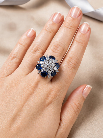 Rhodium Plated Blue AD Finger Ring for Women