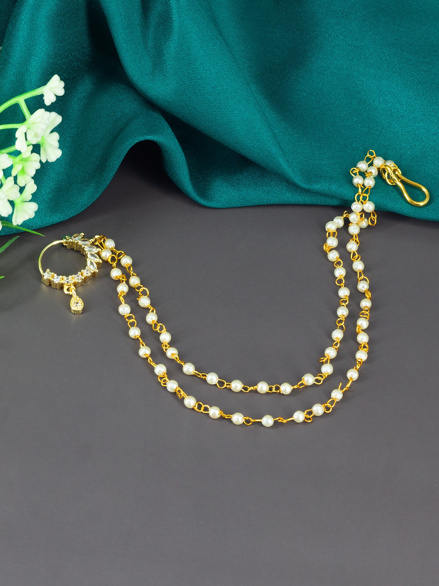 Gold Plated AD Nose Ring with 2 line Pearl Chain
